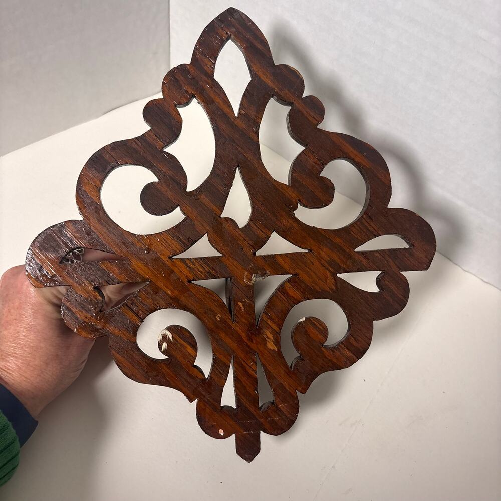 Vintage Dark Walnut Wood Shelf Ornate Fretwork Design 9" x 9.5" - Picture 5 of 10